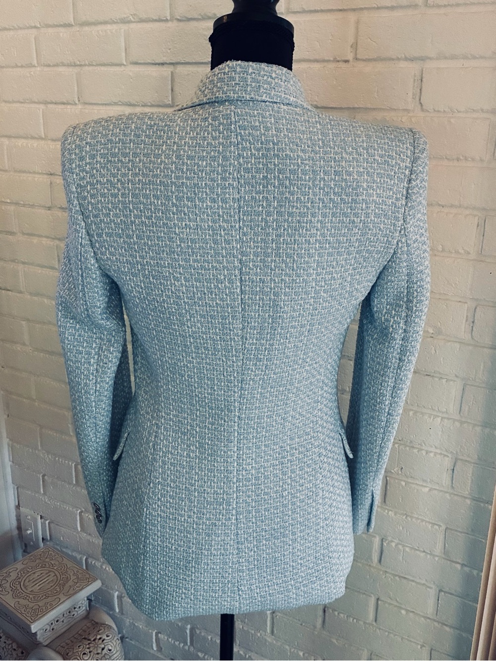 💙 ZARA Double-Breasted Tweed Blazer Jacket - Light Blue EUC XS - Picture 4 of 11